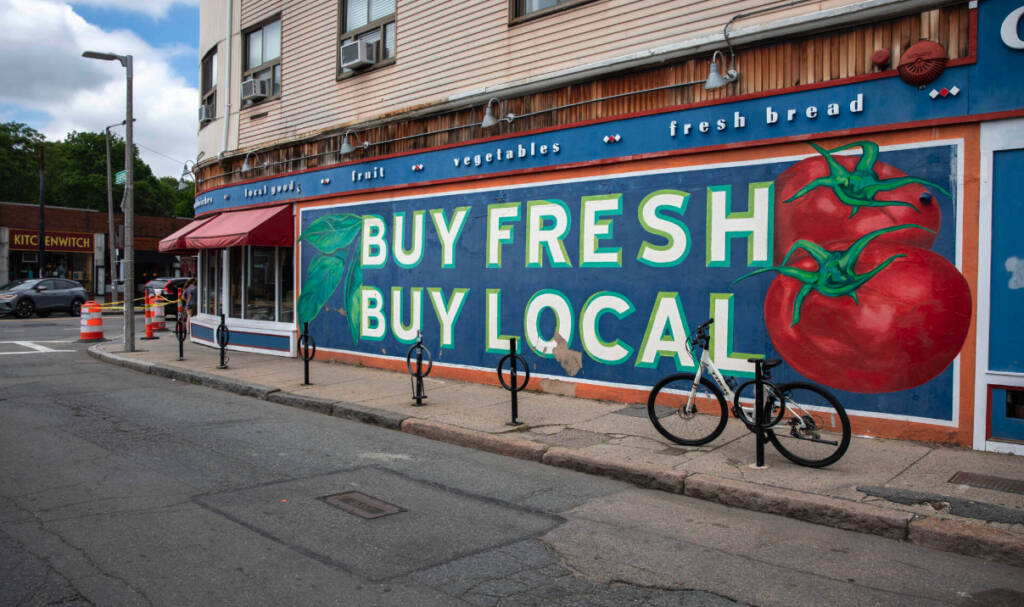 BUY FRESH, BUY LOCAL mural at the City Feed and Supply in Jamaica Plain, Boston. Photo by Robin Lubbock 