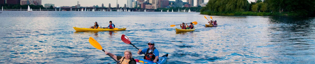 Kayakers on tour at Charles River in Boston 